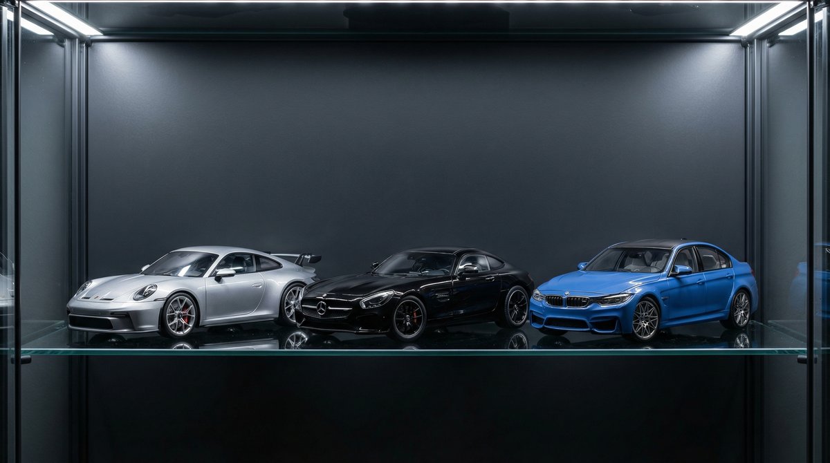 Samlermodelbiler i skala 1:18 af Porsche, Mercedes-Benz og BMW i en glasvitrine