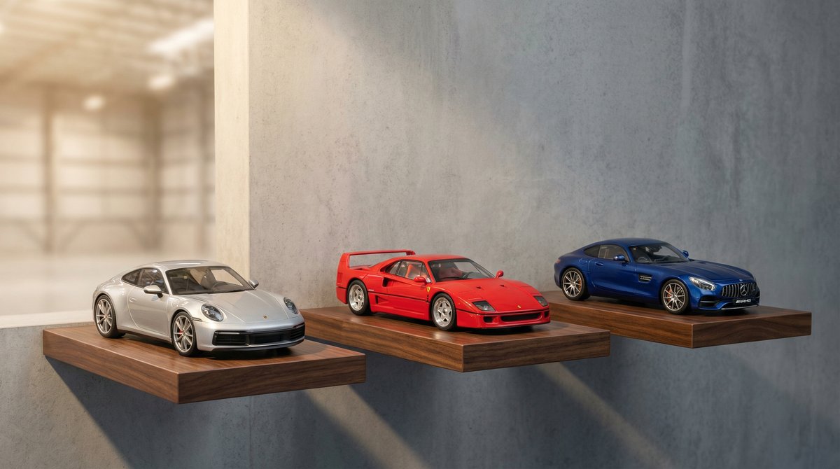 Models118 lager med samlermodelbiler paa udstillingshylder i Czestochowa, Polen