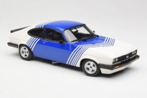 Ford Capri Mk2 3.0 Hvid med Blå Striber Minichamps 1:18 155788600 Metal — billede 4 af 6