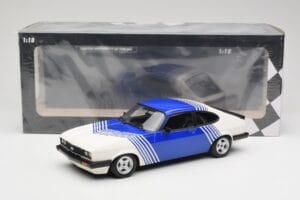 Ford Capri Mk2 3.0 Hvid med Blå Striber Minichamps 1:18 155788600 Metal — billede 6 af 6