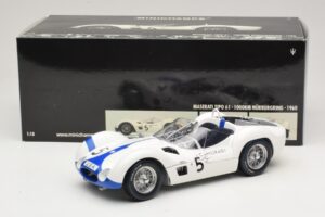 Maserati Tipo 61 #5 S. Moss / D. Gurney Camoradi ADAC 1000km Nurburgring Winner 1960 Minichamps 1:18 100601205 Metal — billede 8 af 8